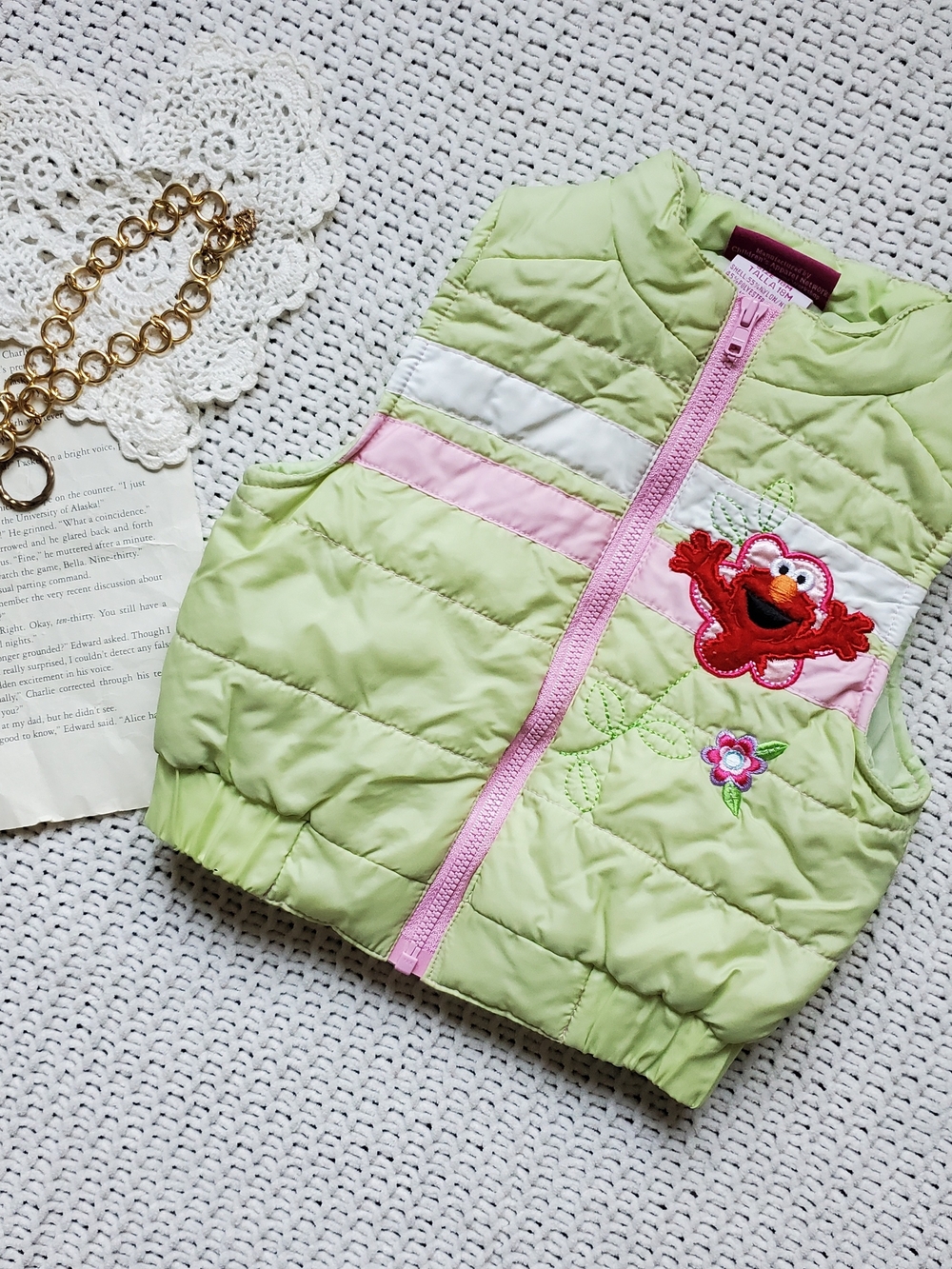 Vtg 06' Sesame Street Light Green and Pink Kids Vest Trim Embroidered